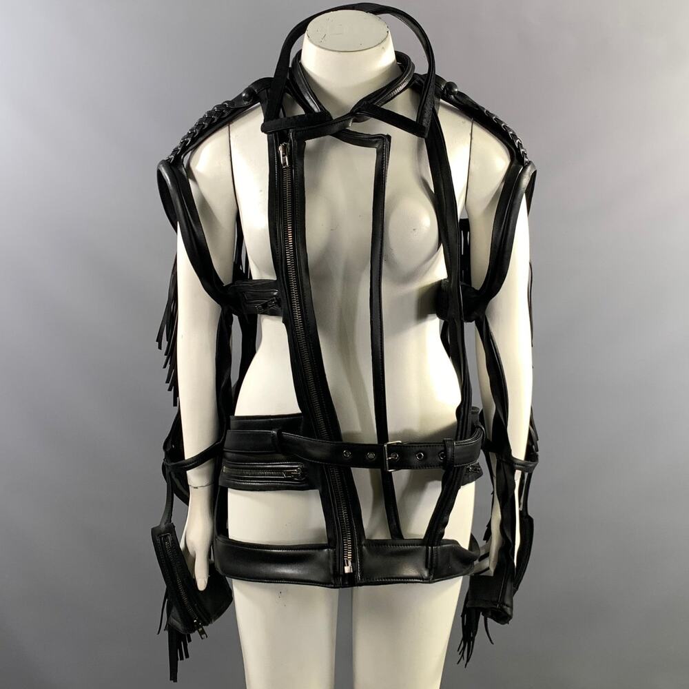 MAISON MARGIELA FW2018 Size L Black Leather Cut Out Zip Up Jacket